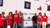 I lavoratori Meridiana con le magliette rosse davanti all'autoemoteca della Asl di Olbia